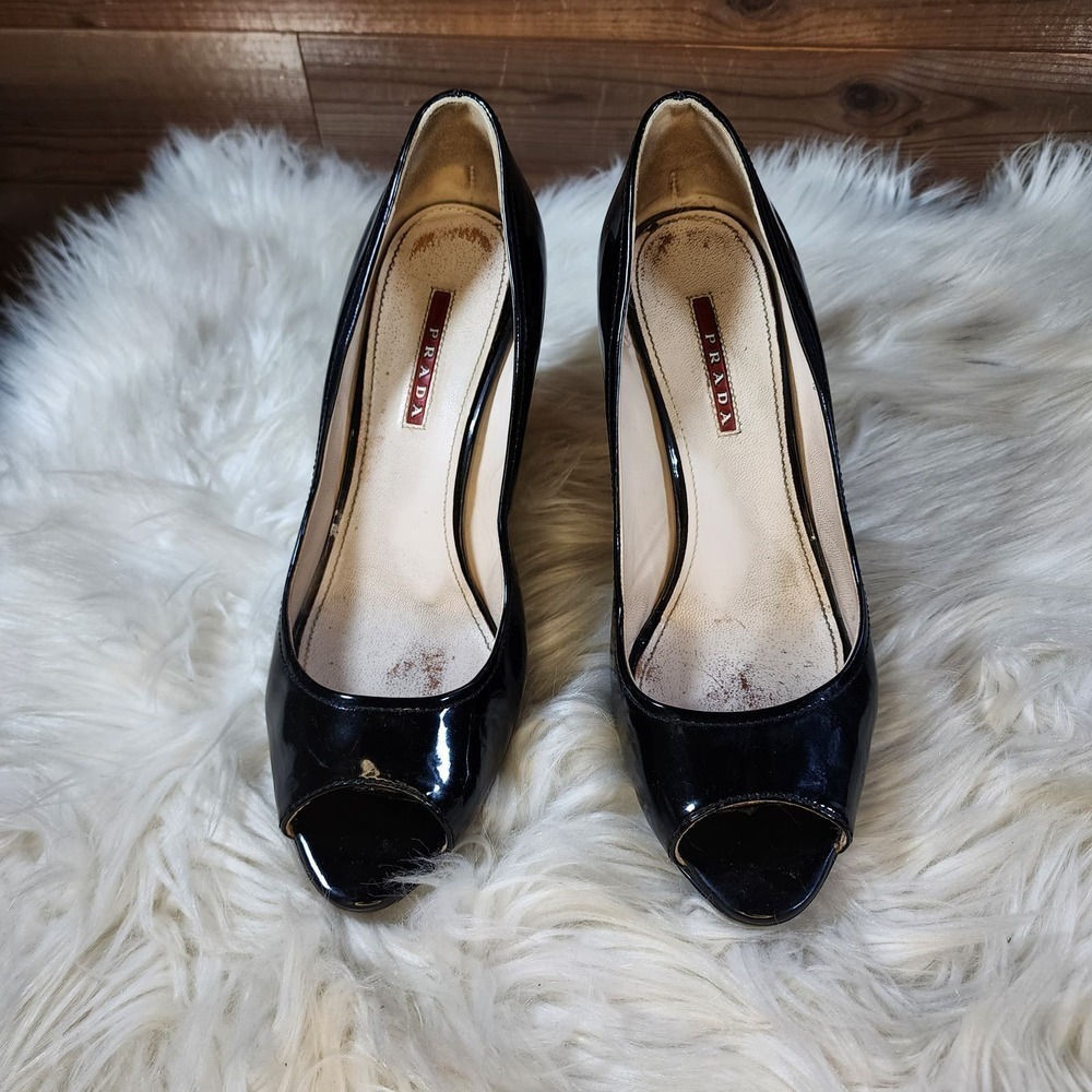 Prada Black Patent Leather Cork Wedge Heels Sz 40 - Picture 2 of 14